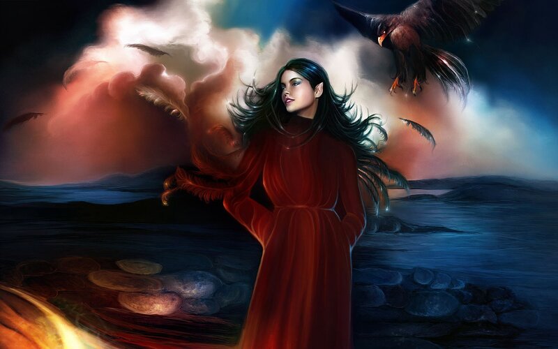Woman in red robe with birds