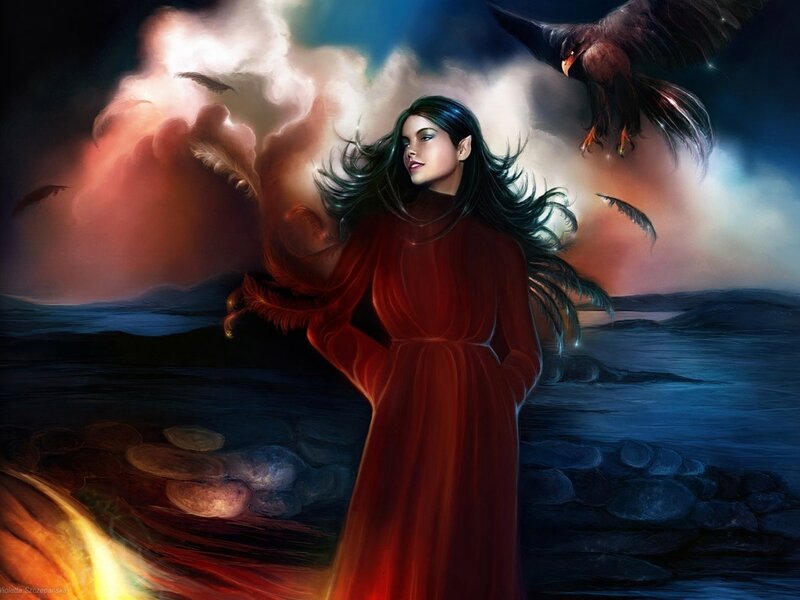 Woman in red robe with birds