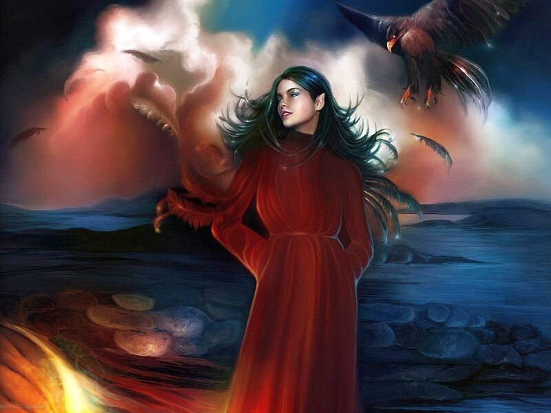 Woman in red robe with birds