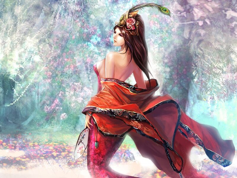 woman in red robe with peacock feather