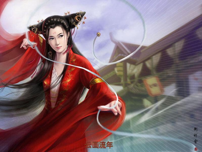 woman in red robe with whip