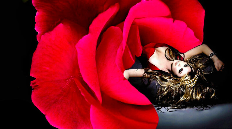 Woman in Red Rose — Dramatic, Photograph