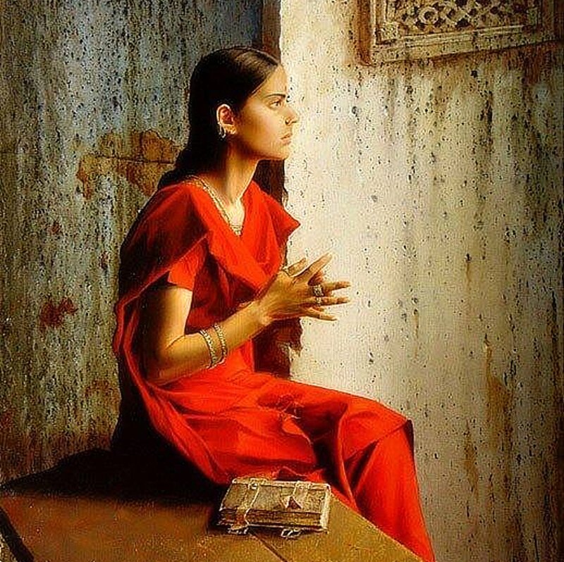 Woman in Red Sari — Contemplative