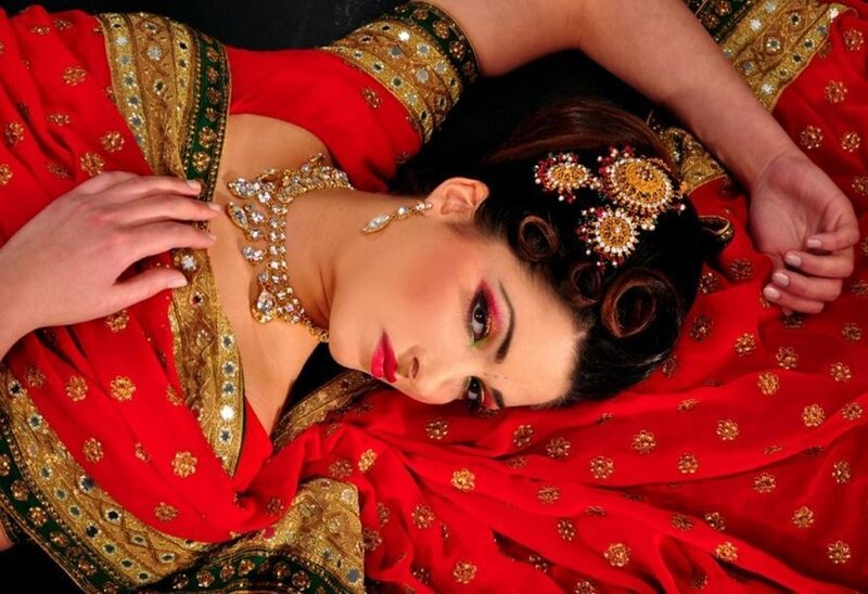 Woman in Red Sari — Dramatic, Photograph, Jewelry