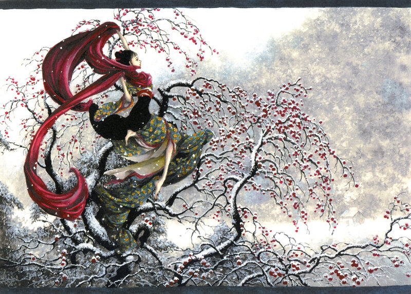 Woman in red scarf among cherry blossoms
