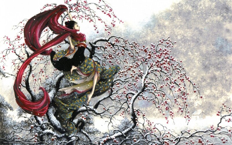 Woman in red scarf on snowy branch
