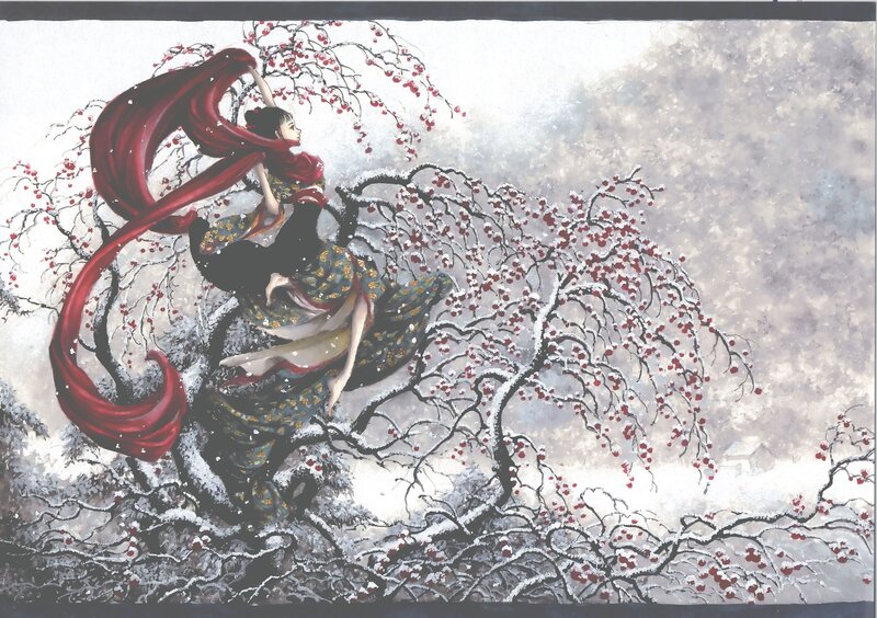 Woman in red scarf on snowy branches