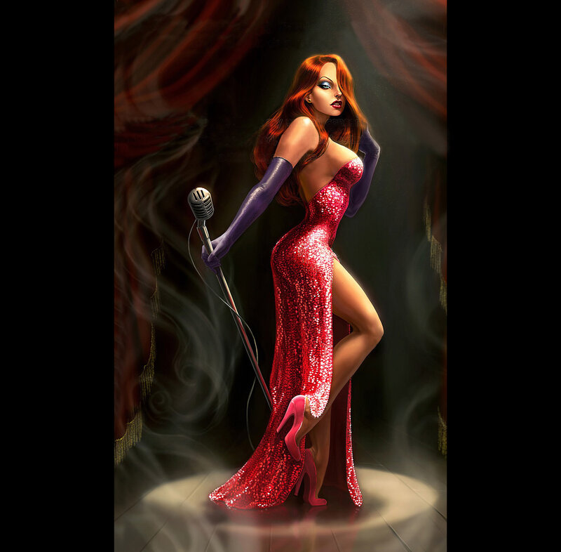 woman in red sequin dress