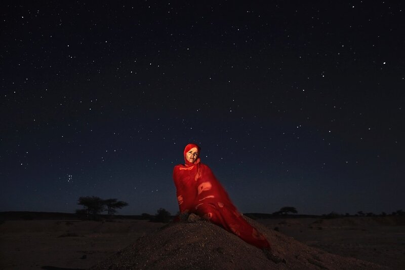 Woman in Red Shawl — Serene, Night