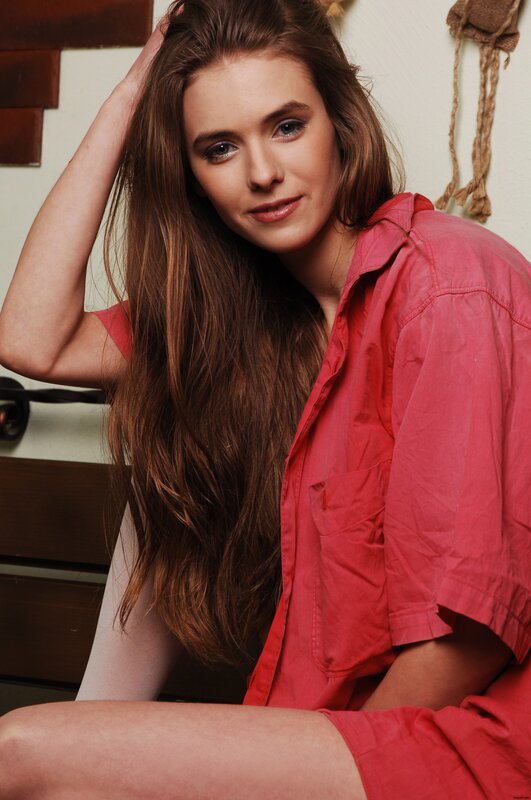 woman in red shirt