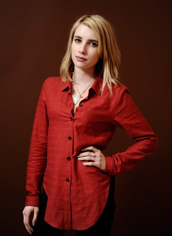 woman in red shirt