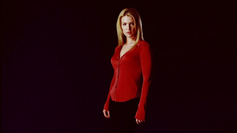 woman in red shirt