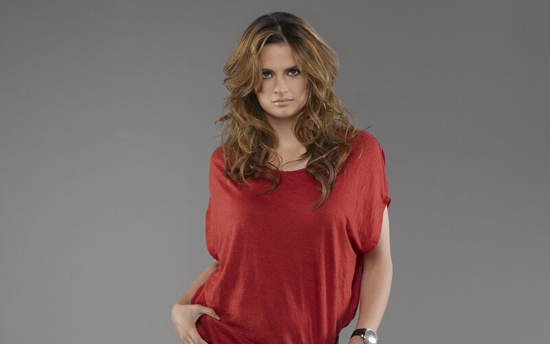 woman in red shirt