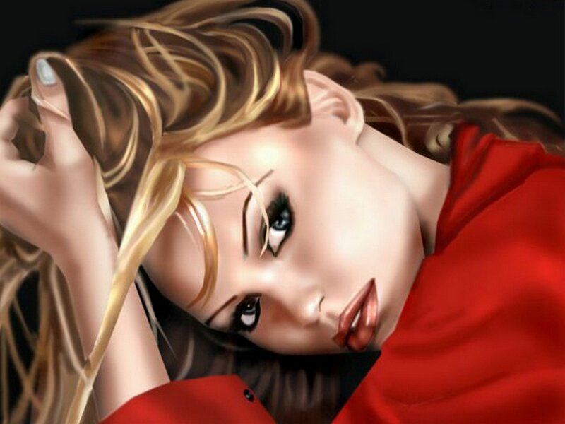 woman in red shirt