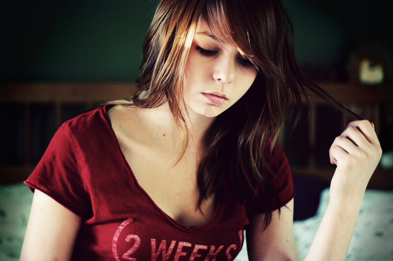 woman in red shirt