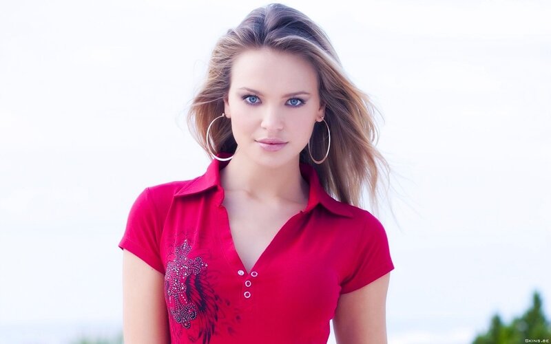 woman in red shirt