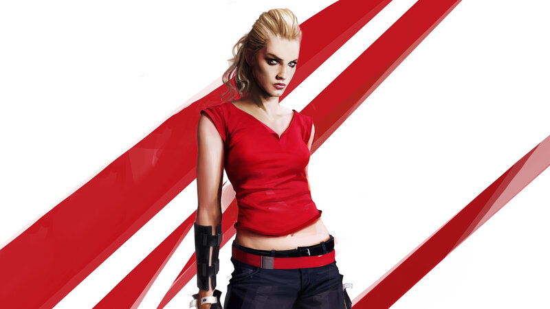 Woman in red shirt