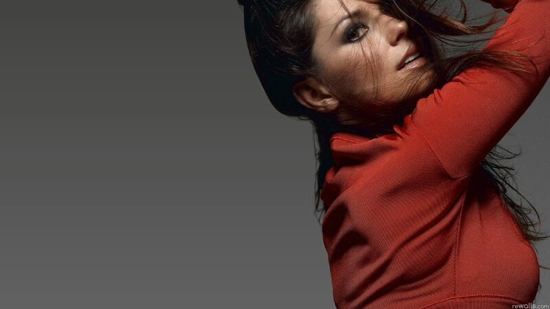 woman in red shirt