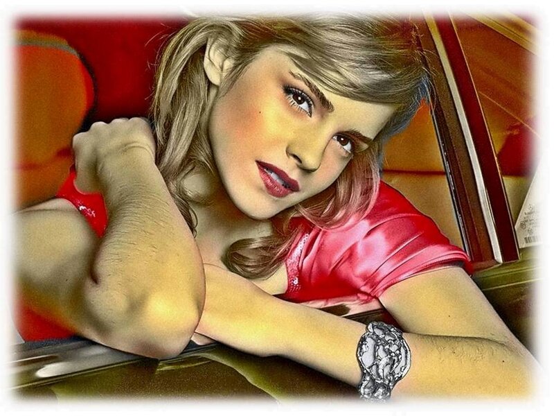 Woman in Red Shirt — Dramatic, Digital Art, Car Interior