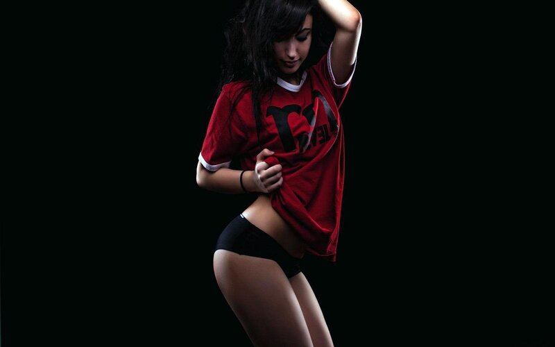 Woman in Red Shirt — Dramatic, Photograph, Black Underwear