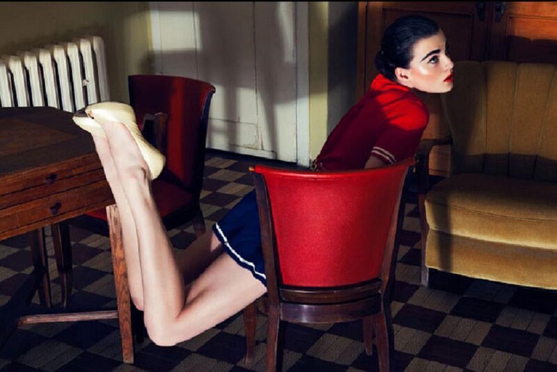 Woman in Red Shirt — Dramatic, Photograph, Chair