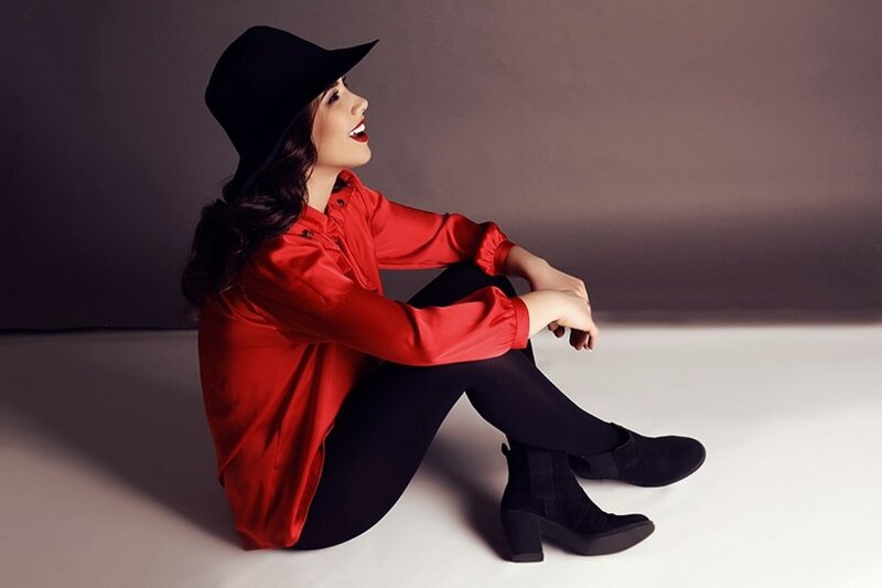 Woman in Red Shirt — Dramatic, Photograph, Hat
