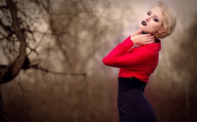 Woman in Red Shirt — Dramatic, Photograph, Tree Branches