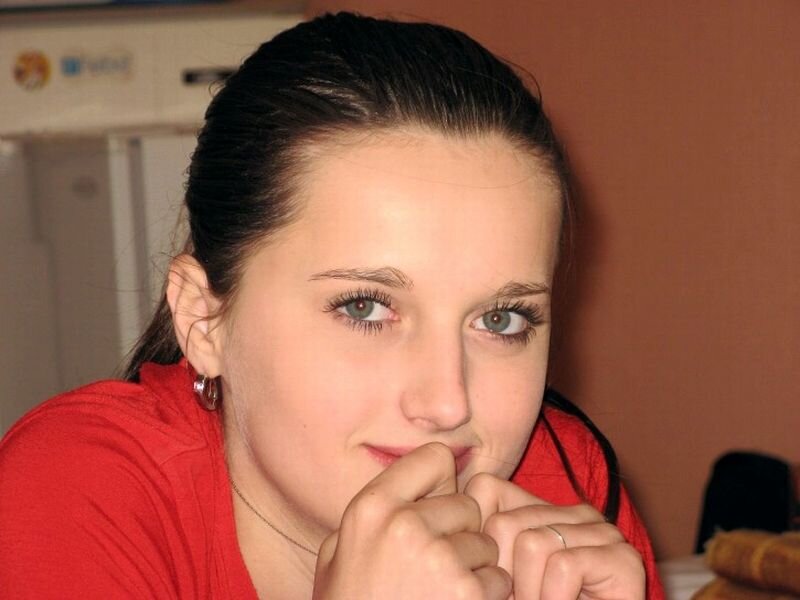 Woman in Red Shirt — Neutral, Photograph, Earring