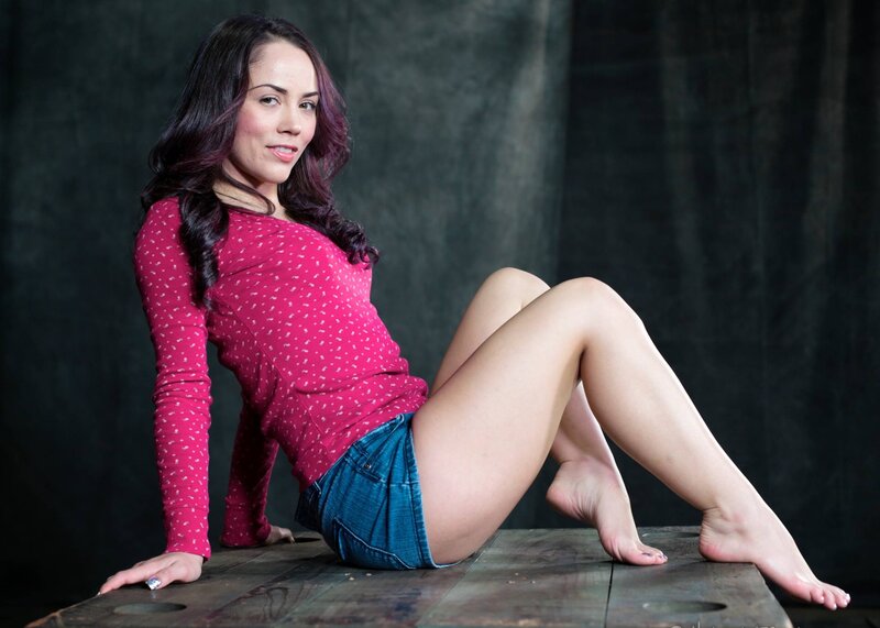 Woman in Red Shirt — Neutral, Photograph, Wooden Surface