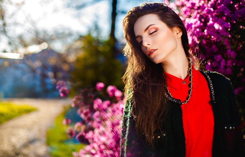 Woman in Red Shirt — Serene, Spring