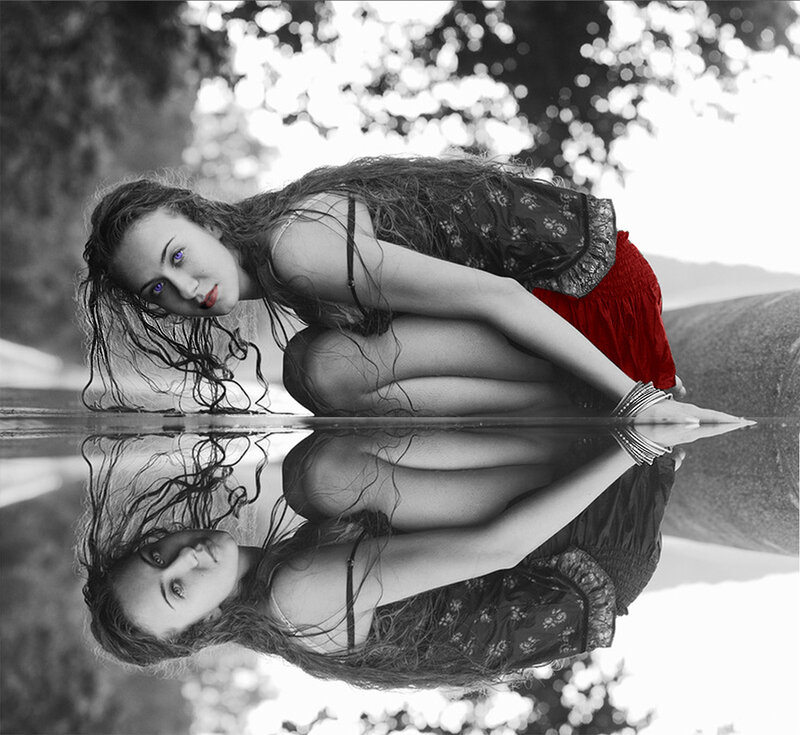 woman in red skirt reflection