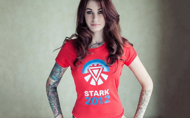 woman in red stark shirt
