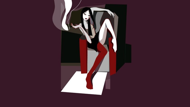 woman in red stockings sitting
