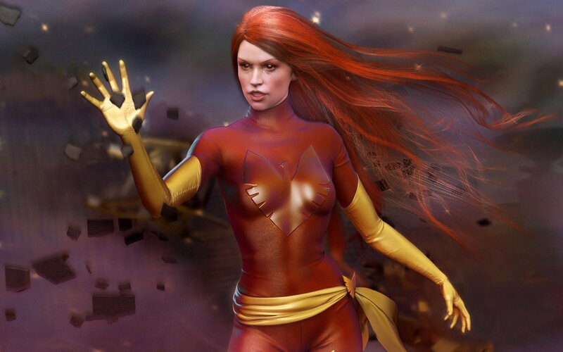 Woman in Red Suit — Dramatic, Digital Art, Long Hair, Superhero Costume