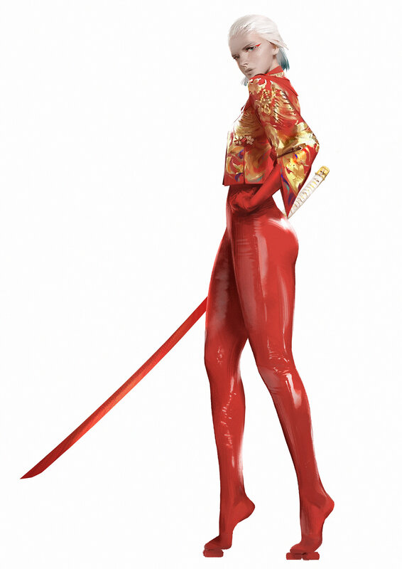 Woman in Red Suit — Dramatic, Digital Art, Sword