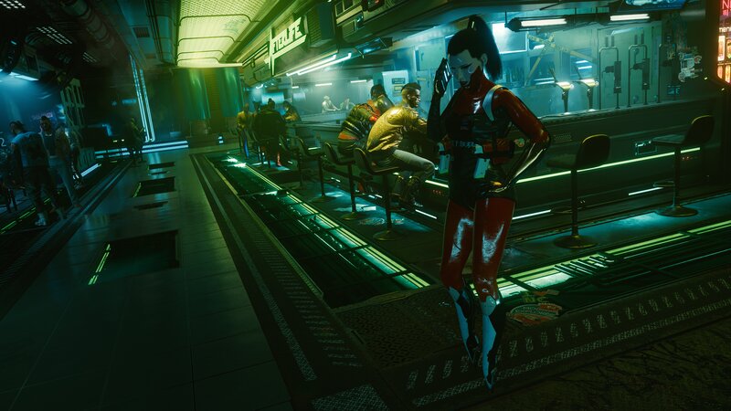 Woman in Red Suit — Green, Dark, Futuristic