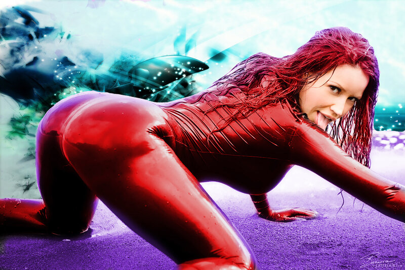 woman in red suit on beach