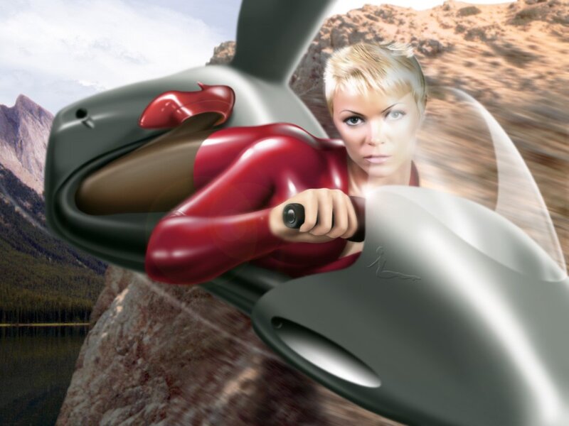 woman in red suit on futuristic vehicle
