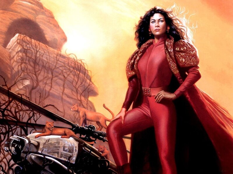 woman in red suit with cats