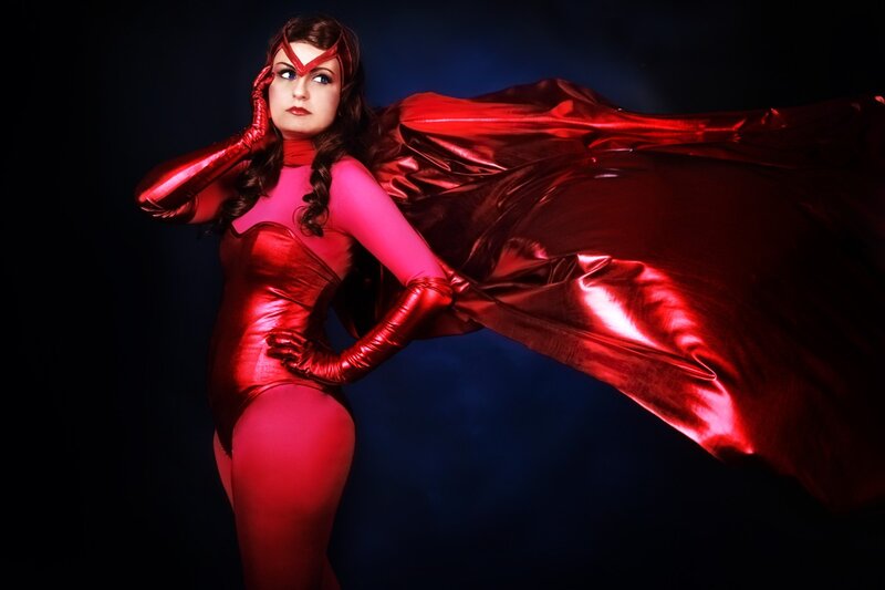 woman in red superhero costume