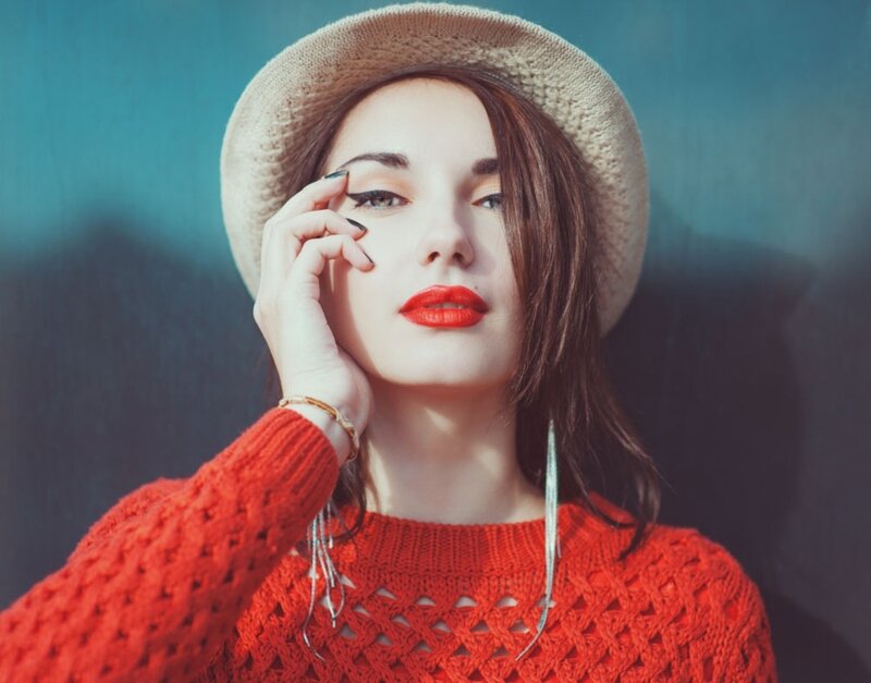 Woman in Red Sweater — Dramatic, Photograph, Hat