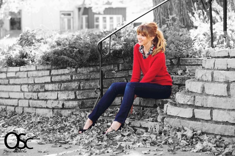 woman in red sweater on steps