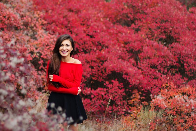 Woman in Red Sweater — Serene, Autumn, Photograph