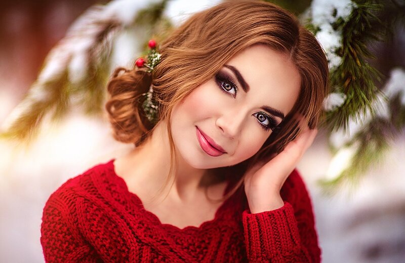 Woman in Red Sweater — Serene, Winter, Photograph