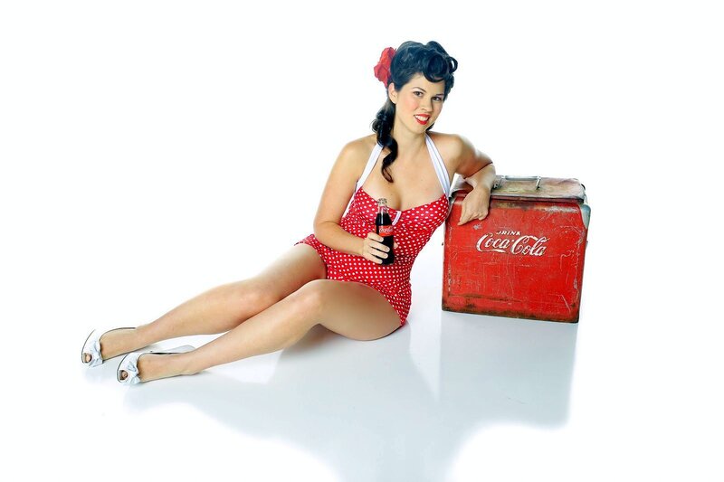 Woman in Red Swimsuit — Playful, Photograph, Bottle