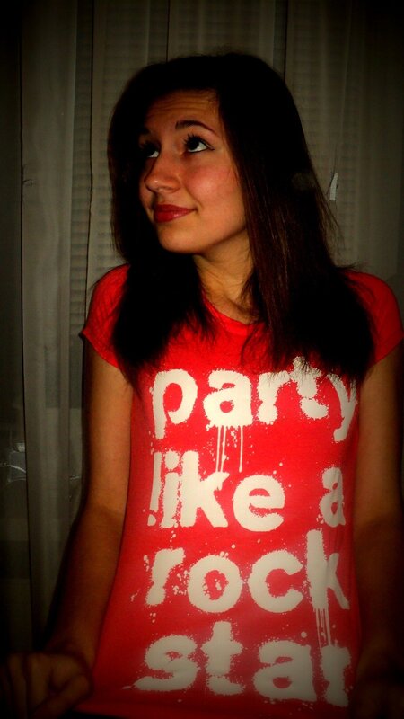 woman in red t-shirt