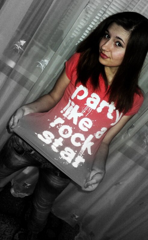 woman in red t-shirt
