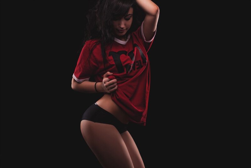 woman in red t-shirt