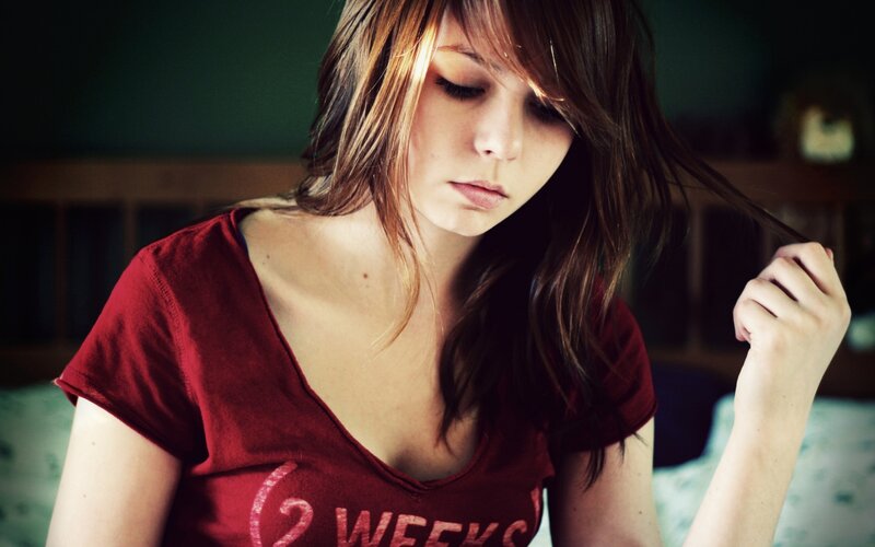 woman in red t-shirt