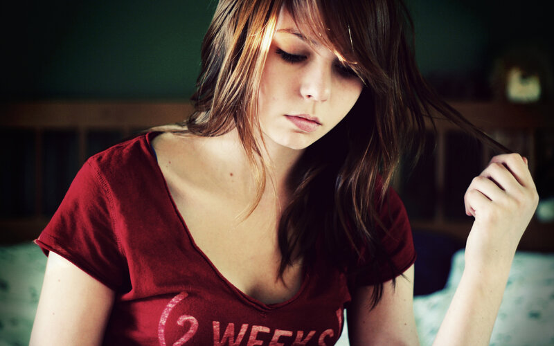 woman in red t-shirt
